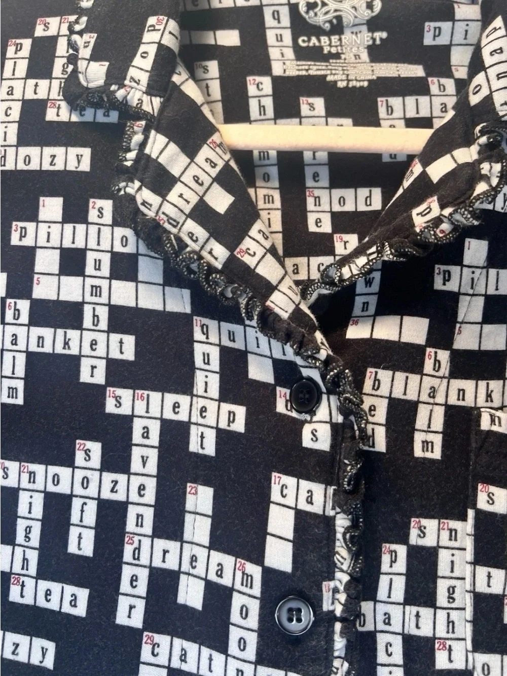 Cabernet Lounge Petite Pajama Set Large Black Crossword Print Long Sleeve Cotton